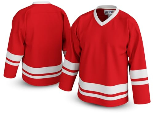 UNLC Classic Blank Hockey Jersey with Stripes – Authentic Stitched, Breathable Mesh and Durable Polyester, Red, 2X-Large