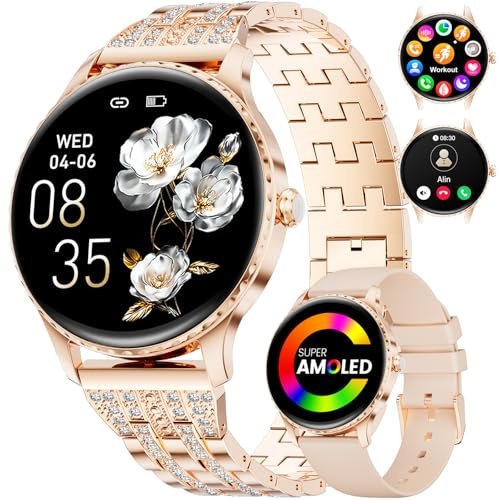 LIGE Smartwatch Damen 1.32 AMOLED Rund Touchscreen mit Telefonfunktion, IP68 wasserdichte /120+Sport Modus/Frauengesundheit/Kalorien/Herzfrequenz, Smart Watch für iOS Android Roségold