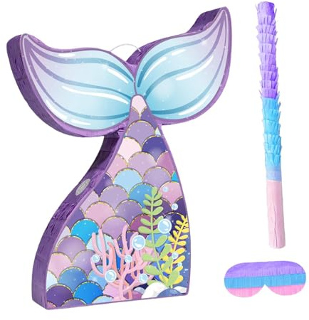 Meerjungfrau-Piñata für Geburtstagsparty-Dekorationen, Ozean-Thema-Partyzubehör mit Schlagstab und Öse, 31,5 x 7,5 x 41 cm