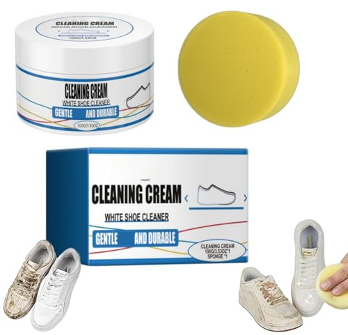 100g White Shoe Cleaning Cream,Shoe Cleaner,Multi-Functional Cleaning And Stain Removal Cream,White Sho-E Cleaner,Portable Cle-An Solution For Sho-Es Of Various Materials,Waterless,With Wiping Sponge