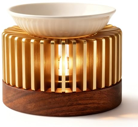 Ruioomeep Lampada profumata Tealight, lampada profumata per oli essenziali con ciotola in ceramica e base in legno massello, lampada profumata in alluminio, può essere utilizzata come fornello