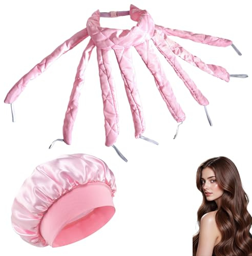 Heatless Curler,Octopus Hair Curlers with Pink Bonnet No Heat Curling Rod Overnight Headband Bendy Rollers Curl Rods Lazy Soft Styling Design Band Curly Non Heated Waves Set,for Short/Long Sleeping