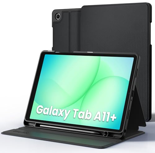 EasyAcc Dünne Hülle für Samsung Galaxy Tab A11+/A9+ Plus mit Stifthalter | Book Cover Dünn Folio Ständer Tablet Schutzhülle, Multi-Winkel Betrachtung,Schwarz