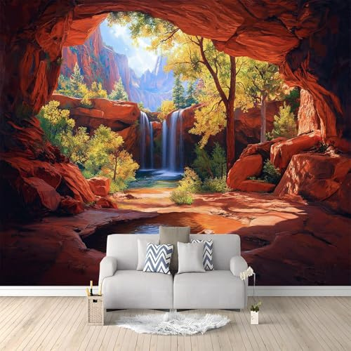 Papel Pintado 350 x 256 cm Cañón Cascada Aventura Naturaleza Maravilla - Fotomural Decorativo con Efecto 3D - Tejido no Tejido para Decoración de Pared en Salón, Dormitorio u Oficina Rojo Oscuro
