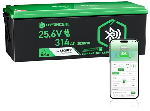 HYSINCERE Batería de Litio LiFePO4 de 24 V y 314 Ah, con una energía de 8038 WH y BMS; Vida útil de más de 4000+ ciclos. Ideal para autocaravanas, embarcaciones, Camping y Sistemas solares aislados