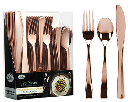 Plastic Cutlery Silverware Extra Heavyweight re-usable Flatware, Full Size Cutlery Combo, Rose Gold, Value Pack 96 Count