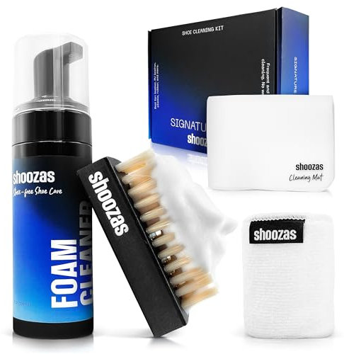 Shoozas - Kit de Limpieza Zapatillas - Limpiador en Espuma, Alfombrilla Impermeable, Cepillo y Toalla de Microfibra - Ideal para Cuero, Goma, Plástico y Suelas - Sin Agua, Sin Tóxicos, Secado Rápido