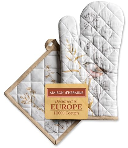 Maison d' Hermine Ensemble manique et Gant de Cuisine 100% Coton (19 x 33 cm et 20 x 20 cm) Gants résistants à la Chaleur pour Manipuler Les Plats Chauds, Printemps-été (Meadow Florals - Beige)