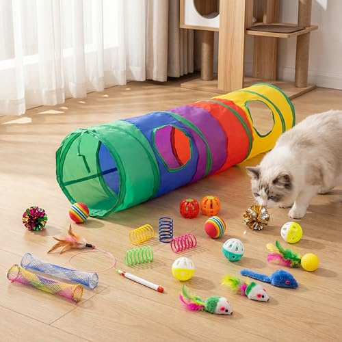 iCAGY 25 giocattoli per gatti per gatti, gattini da interno, confezione assortita interattiva, tunnel arcobaleno per gatti, rompicapo con piume, topi, molle, palline, giocattoli acustici, arcobaleno