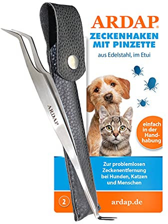 ARDAP Zeckenzange und Zeckenhaken - 2in1 Zeckenpinzette aus Edelstahl im Leder-Etui - Einfache & effektive Zeckenentfernung - Premium Zange für Hunde, Katzen & Mensch