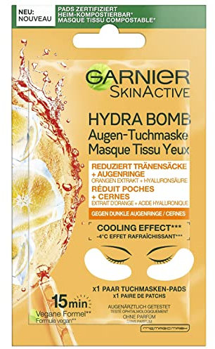 Garnier Masque pour les yeux hydratant, anti-cernes, réduction des poches sous les yeux, formule végétalienne à l'extrait d'orange et à l'acide hyaluronique, Hydra Bomb 6 g