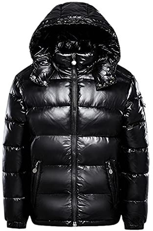 Earnmore Veste chaude en duvet pour homme - Couleur unie - Veste d'hiver à capuche - Fermeture éclair - En métal brillant, Noir, L