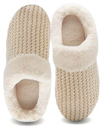 WateLves Women's Slippers Comfort Memory Foam Coral Fleece Slippers Plush Lining House Shoes for Indoor & Outdoor (Beige, 38/39)