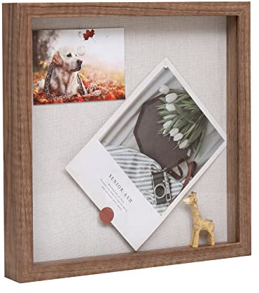 Muzilife Marco de fotos 3D con panel de cristal, marco de madera profundo para rellenar, marco de objetos de 25 x 25 cm, forma cuadrada, regalo para familia y amigos, 1 unidad marrón