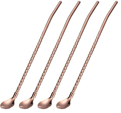 sourcing map Stainless Steel Spoon Straws, 4Pcs 8.6 Reusable Metal Long Handle Drinking Straws Spoon for Milkshake Drinks Cocktail, Rose Gold