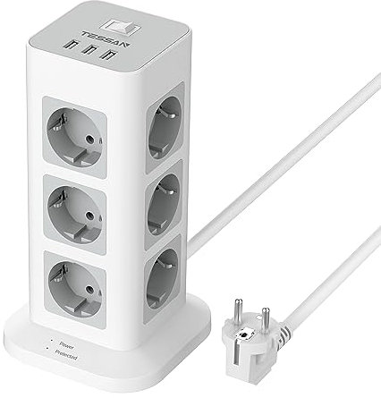 TESSAN 12 Fach Mehrfachsteckdose, Steckdosenleiste mit 3 USB, Mehrfachstecker Verlängerungskabel 2M, Steckerleiste Überspannungsschutz, Steckdosenturm mit USB und Schalter für Zuhause Büro, 3600W