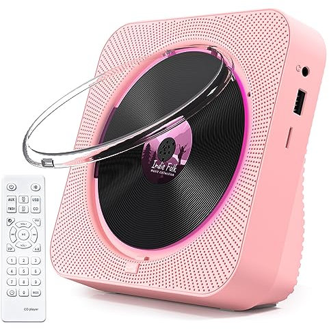 KOVCDVI Lettore CD Bluetooth 5.1 Lettore CD da tavolo con 5W Doppi Altoparlanti Luce Telecomando Copertura Della Polvere Display FM Radio Timer Cuffie USB/SD Card/AUX Playback Rosa