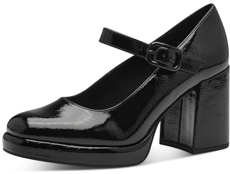 MARCO TOZZI Women's Elegant Block Heel Strappy Court Shoes, Black (Black Patent), 7 UK