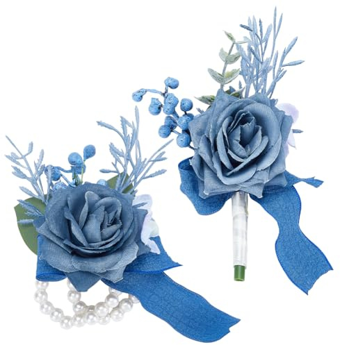 craspire Handgelenk-Anstecknadel Mit Blauen Rosen, Blumen-Seidenstoff-Rosenimitat Mit Satinband, Handgelenk-Anstecknadel, Boutonniere-Set Für Rustikale Vintage-Hochzeitsdekoration, Party-Dekoration