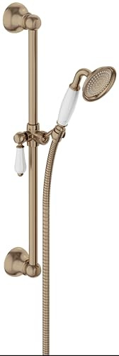 Jacob Delafon Set de Douche Louise, Avec Barre, Style rétro, Bronze | Poignée céramique. Douchette ronde 8,5cm inclinable. Débit éco 10L/min