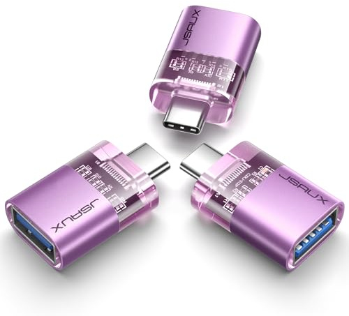 JSAUX Adapter USB C auf USB (3 Stück) USB C Adapter auf USB 3.0 Female Handy OTG Adapter Thunderbolt 4/3 auf USB 3.0 Kompatibel mit iPhone 16/15 Pro Max MacBook Pro Air Galaxy S24-transparentes Lila