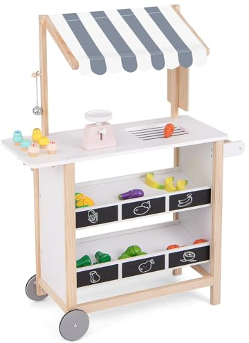 COSTWAY Kids Ice Cream Cart, Wooden Grocery Store Playset with 6 Pieces Play Food, Bell, Chalkboard and Scale, Role Play Dessert Shop Trolley for Ages 3+ (Grey Canopy)