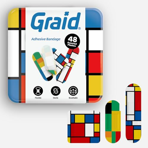 Graid Kids Bandages | Adhesive Flexible Fabric Waterproof Bandages | Assorted Shapes for Minor Cuts, Scrapes, and Wounds | Colorful and Fun First Aid Tin | Art - 48 Count