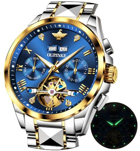 OUPINKE automatische mechanische Armbanduhr für Herren Luxus-Kleid Wolframstahl Leuchtend wasserdicht synthetischer Saphir Diamant Kalender Männer