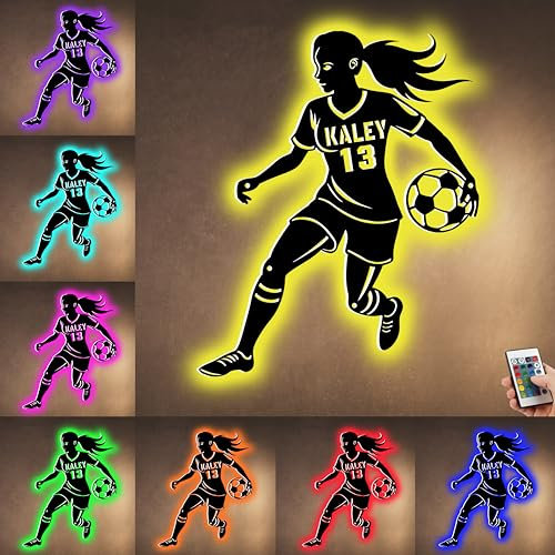 WILINNI Personalised Soccer Metal Sign With Led Lights Custom Name Sign Metal Soccer Neon Sign Sports Theme Gifts For Soccer Player Women Christmas Birthday (style 1)