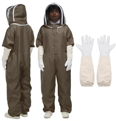 sourcing map Bee Suit for Men Women XXL Beekeeping Suit Outfit with Gloves and Veil Hood (Jacket, Pants, Gloves) Bee Suits for Adult Backyard Professional and Beginner Bee Keeper, Coffee