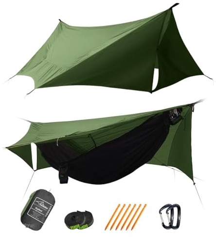 Travel Bird SkyNest 11ft Hammock with Net and Rain Fly Tarp, 4 in 1 Camping Hammock Tent, Ultralight Portable Double-Layer Hammock with Ridge Rope for Camping, Hiking and Backpacking