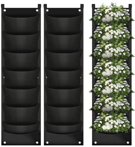 YedZen 2 Stück Hängend Pflanzbeutel, 7-Taschen Wandbehang Vertikale Pflanzgefäß, Atmungsaktive wasserdichte Vliesstoff Pflanztaschen Aufhängbare Wand Pflanzer für Garten, Yard, Home Dekoration