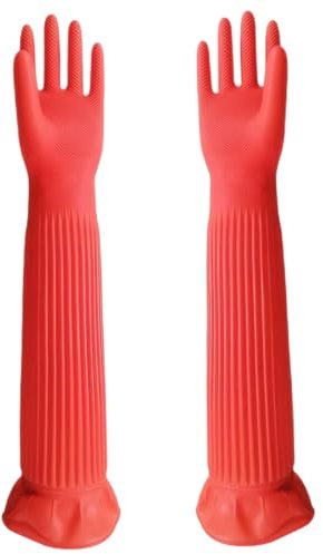 Washing Up Gloves 22 Long Dishwashing Gloves Non-Slip Rubber Dish Gloves Waterproof Scratch-Resistant Red Cleaning Gloves for Kitchen, Laundry