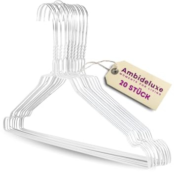Ambideluxe | 20 Drahtbügel Weiß | Hosenbügel | Metall Kleiderbügel mit Zinkbeschichtung & PE-Ummantelung | Platzsparende & langlebige Drahtkleiderbügel | Für Schrank, Garderobe & Wäscherei