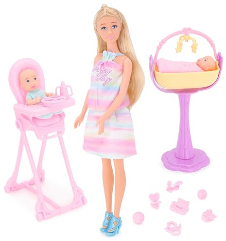 Toyland® Coffret de Jeu pour poupées Jumelles - 1 poupée, 2 bébés, 1 lit à Bascule, 1 Chaise Haute et 11 Accessoires Inclus - Jouets pour Filles