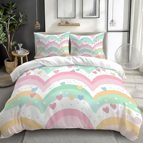 Bedding Set Copripiumino Reversibile 220x230cm 3D Stampa Retro Arcobaleno Cuore Pois Morbida Microfibra Ipoallergenico Biancheria da Letto Set 3 Pezzi con Chiusura a Cerniera e 2 federe Cuscino