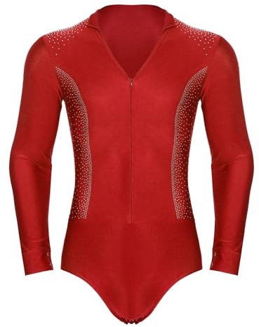 YiZYiF Herren Bodysuit Langarm V-Ausschnitt Glitzer Strass Tanz Body Latin Tango Salsa Gymnastik Trikot Ballsaal Tanzkostüm Leotard A_Rot M