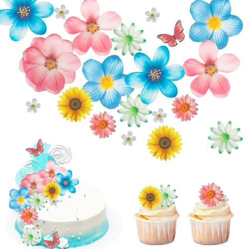 Gleevio Tortendeko Blumen Essbar,55 Stück Essbare Blumen für Torte,Essbare Blüten Cupcake Topper Schmetterlinge Esspapier Blüten Kuchen Deko Hochzeit,Gänseblümchen Deko Torte für Geburtstag BabyParty