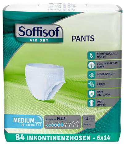 Soffisof Air Dry Pants Plus M - 84x Pannoloni per Anziani a Mutandina - 6 Confezioni da 14 Mutande Assorbenti per Incontinenza Donna e Uomo - Pants Adulti 6 Gocce - Medium (70-110 cm)