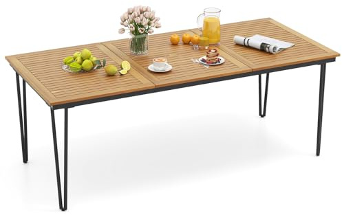 RELAX4LIFE Tavolo da Giardino in Legno di Acacia con Foro Ombrellone 5 cm, Struttura in Metallo Resistente per 8 Persone, per Esterno, Terrazza, Patio, Potata 75KG (200x90x75cm, Rettangolare 1)