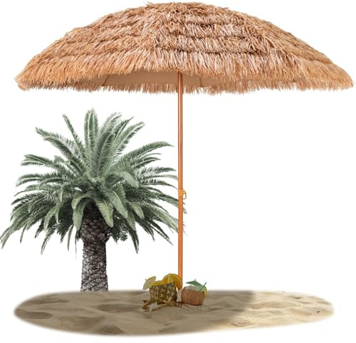 RELAX4LIFE Ombrellone da Spiaggia 200cm, Parasole Hawaiano in Paglia Simulata, Palo, Ideale per Spiaggio, Giardino e Balcone (205 cm)