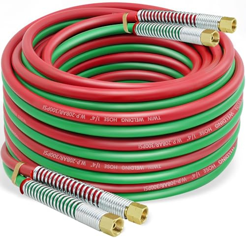RX WELD 50 FT 1/4 Oxy Acetylene Welding Hose with 9/16-18 B Fittings - Grade R Twin-Line Torch Hose for Acetylene Cutting & Welding (300PSI/900PSI)