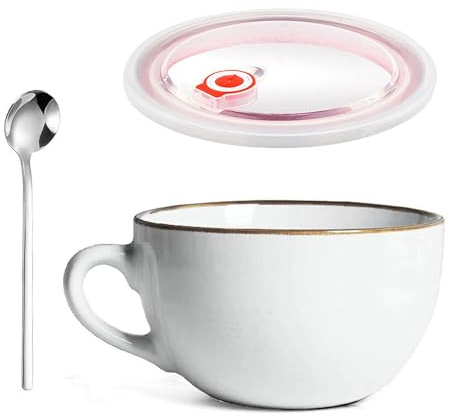 YUNXCNA Groß Tasse Keramik, 700ml Groß Müslischalen mit Henkel, Salat Schale, Große Teetasse Mit Deckel und Löffel, Wiederverwendbar Porzellan Kaffee Tasse, Porzellan Suppenschüssel(Weiß)