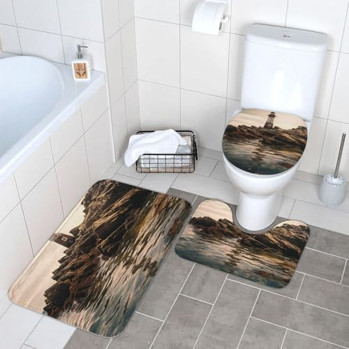 3 Piece Bath Mat Set Lighthouse U Shape Wc Toilet Rug Warmer Durable Toilet Cushion, For Floor Tub, Bedroom, Outdoor