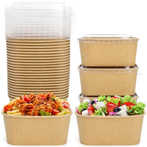 Yesland 50 Pack Compostable Rectangular Kraft Paper Bowls,32 Oz/950ml Disposable Cardboard Meal Prep Container with Lid, Microwave & Freezer Safe, Reusable, for Take-Out, Office Lunch, Picnic
