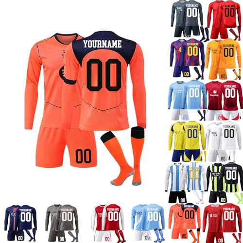 3pcs Personalized Football Training Shirts Shorts and Socks with Name Number Teamname,25/26 Home/Away Kits Long Sleeves,Season Soccer Jersy for Kids and Adults Men Women Boys Girls (12)