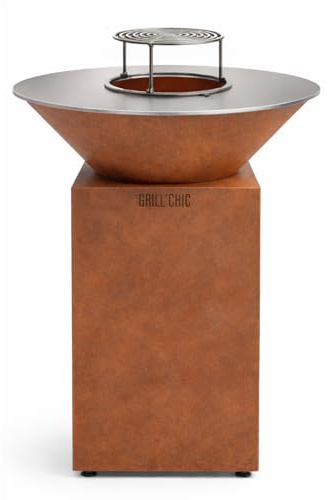 GRILL'CHIC - Pack Privilège Brasero Cévenol Corten Bois Rond - Simple Cuve - Avec Bâche + Grille + Stop Food Inclus - À Assembler - Fabriqué en France - Ø74 x 90 cm