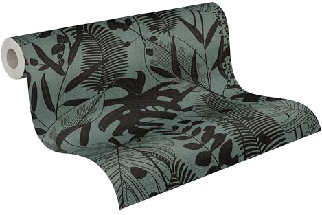 A.S. Création Papier peint intissé avec motif de feuilles de palmier en bleu, noir, métallisé – papier peint jungle exotique 10,05 m x 0,53 m – 791644