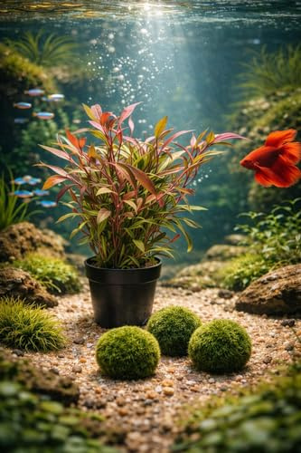 SAHAWA Aquarien Mutterpflanzen zur Auswahl – Anubias, Farn & Stengelpflanzen – Kräftige Wasserpflanzen im 9 cm Topf – Inkl. 3× Mooskugeln gratis – Für Süßwasseraquarien (Alternanthera rosaefolia MP)