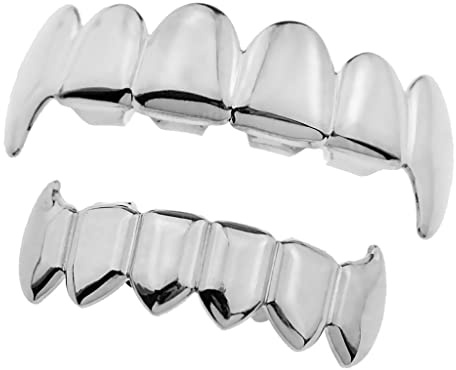 Bffcnl 2 Piezas de Parrillas Dentales Chapadas en Oro de 18, Dientes Postizos, Disfraz de Dientes Afilados, Accesorio Bucal, Material de Cobre, Plata